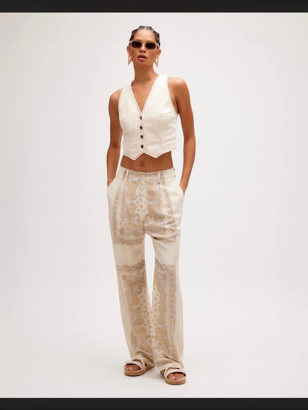 New  R. G. Kane Paisley-Print Wide Leg Linen  Pants  in Cream